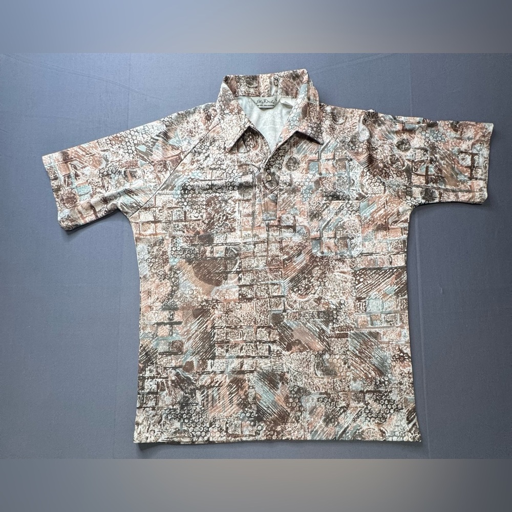70’s Beige Multicolor Abstract Print Collar Polo Shirt By Lilly Dache  L #1035